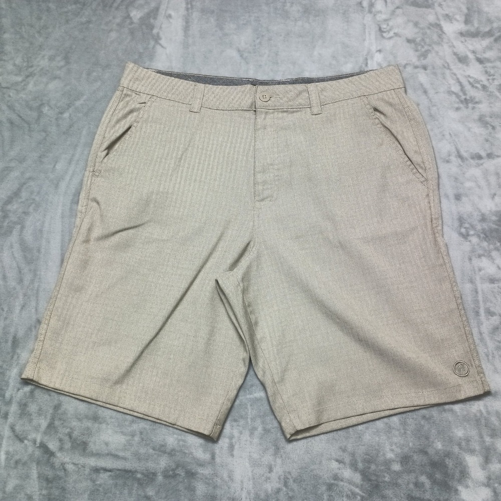 Hang Ten Shorts Mens 36 Khaki Herringbone Chino Flat Front Casual Walking Beach
